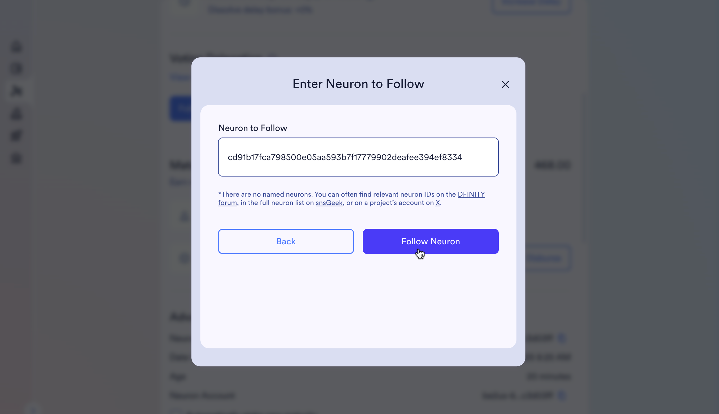 Enter Neuron to Follow modal